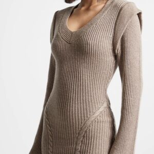 Brand New - Wide Shoulder Knitted Contour Mini Dress - Taupe